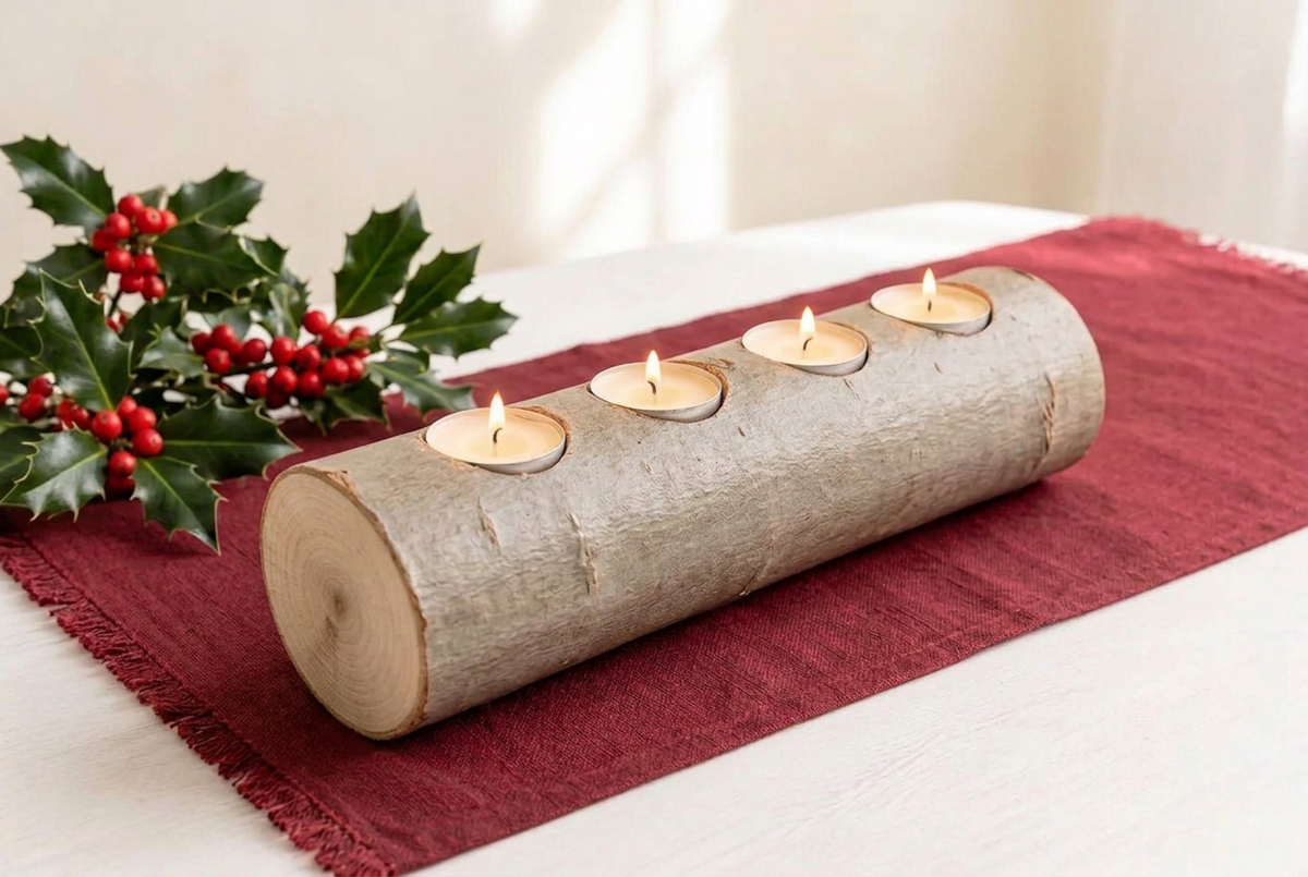 A rustic log candle holder with four circular candle recesses, lit with four tealight candles, styled on a white table runner with dried grasses and a white vase in the background.