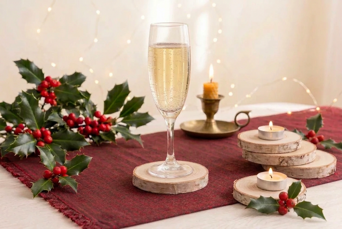 A glass of bubbly champagne on a wooden coaster, set on a red runner with holly leaves and red berries, alongside a lit candle and stacked birch wood slices.