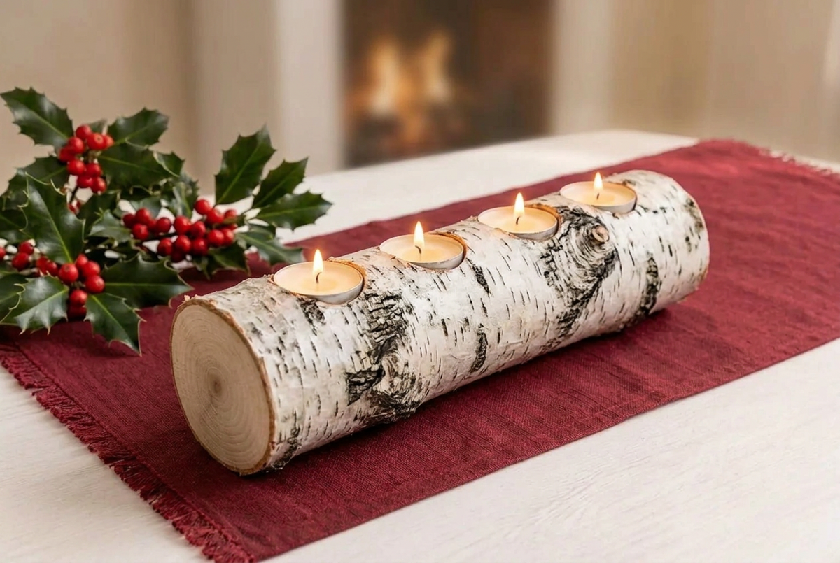 Rustic Hazel or Silver Birch Log Tealight Holder – 4 candle or 1 candle Table Centrepiece