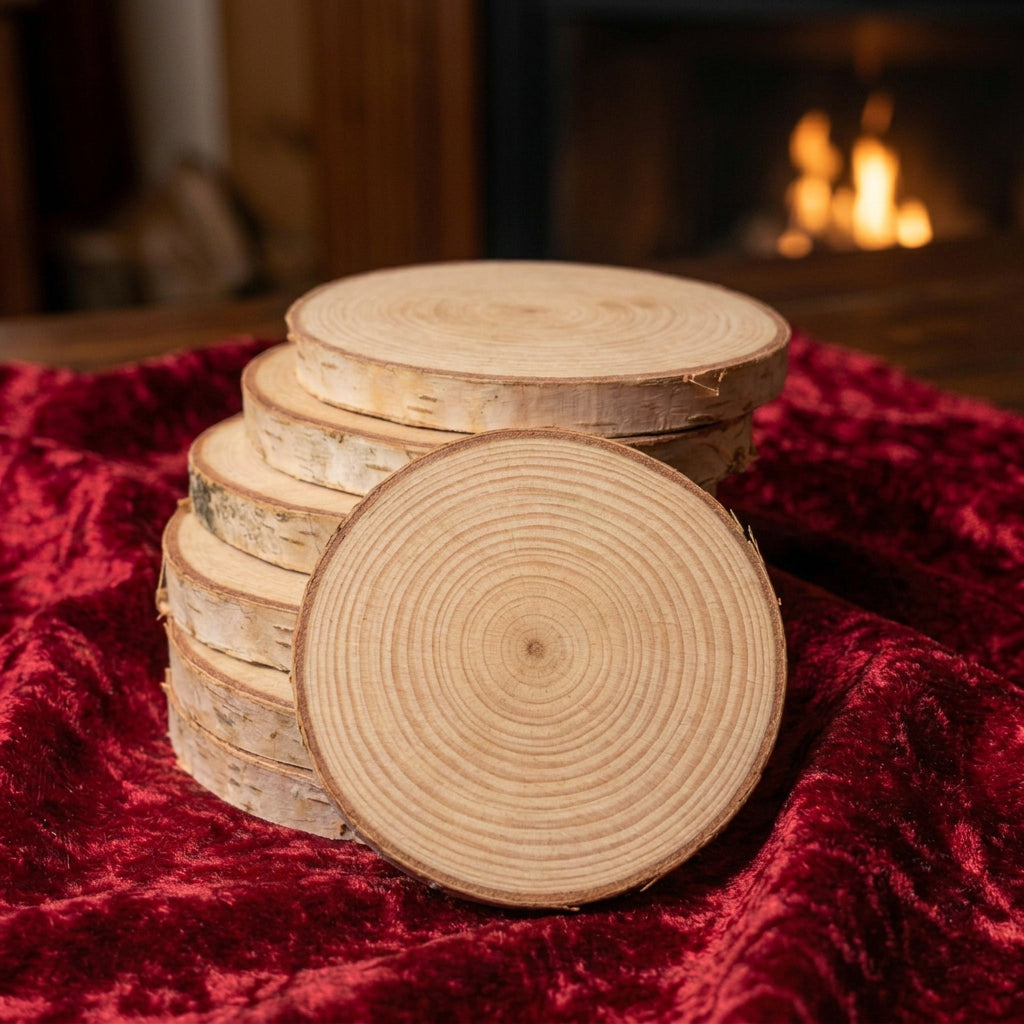 Six round natural wood slices with visible grain and bark edges stacked on a weathered log outdoors, with grass and soil blurred in the background.