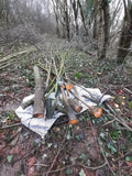 A pile of cut blackthorn logs and branches with pruning shears resting on a white cloth in a wooded outdoor setting.